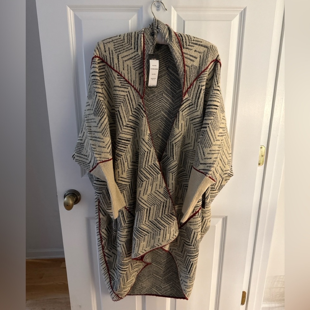NWT Max Sport Cozy Sweater Coat L/XL Cream Black Burgundy Cardigan Wrap